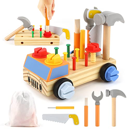DINORUN Werkzeug Kinder Montessori Spielzeug ab 3 4 5 Jahre，Kinderwerkzeug Holzspielzeug Motorikspielzeug mit Aufbewahrungstasche, Geschenk Kinderspielzeug für Mädchen Junge von DINORUN