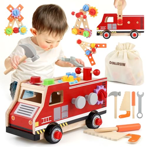 DINORUN Werkzeugkoffer Kinder, Kinderwerkzeug Holzspielzeug Montessori Spielzeug ab 2 3 4 Jahre Kinderspielzeug Werkzeugkasten Kinder Geschenk Junge Mädchen 2 3 4 Jahre (47 Stück) von DINORUN