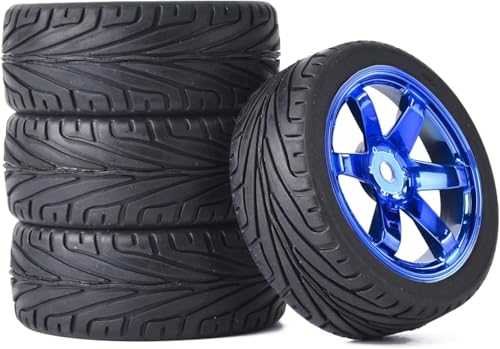 4 Stück 1:10 RC Autoreifen 65mm Gummireifen und Kunststofffelgen für 1/10 On-Road Racing Touring Drift Auto Ersatzteile für HSP Tamiya HPI Kyosho (Blau) von DINOWIN