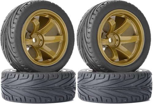 4 Stück 1:10 RC Autoreifen 65mm Gummireifen und Kunststofffelgen für 1/10 On-Road Racing Touring Drift Auto Ersatzteile für HSP Tamiya HPI Kyosho (Gold) von DINOWIN