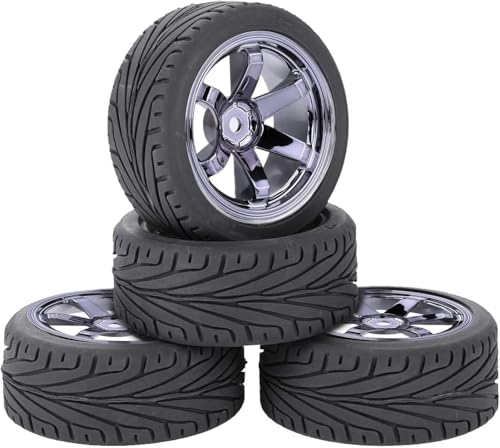 4 Stück 1:10 RC Autoreifen 65mm Gummireifen und Kunststofffelgen für 1/10 On-Road Racing Touring Drift Auto Ersatzteile für HSP Tamiya HPI Kyosho (Grau) von DINOWIN