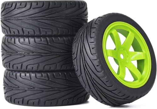 4 Stück 1:10 RC Autoreifen 65mm Gummireifen und Kunststofffelgen für 1/10 On-Road Racing Touring Drift Auto Ersatzteile für HSP Tamiya HPI Kyosho (Grün) von DINOWIN