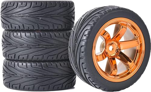 4 Stück 1:10 RC Autoreifen 65mm Gummireifen und Kunststofffelgen für 1/10 On-Road Racing Touring Drift Auto Ersatzteile für HSP Tamiya HPI Kyosho (Orange) von DINOWIN