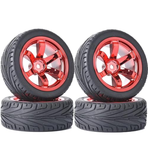 4 Stück 1:10 RC Autoreifen 65mm Gummireifen und Kunststofffelgen für 1/10 On-Road Racing Touring Drift Auto Ersatzteile für HSP Tamiya HPI Kyosho (Rot) von DINOWIN