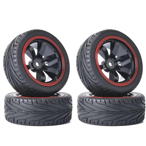 4 Stück 1:10 RC Autoreifen 65mm Gummireifen und Kunststofffelgen für 1/10 On-Road Racing Touring Drift Auto Ersatzteile für HSP Tamiya HPI Kyosho (Schwarz/Rot) von DINOWIN