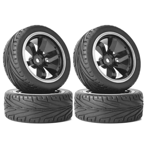 4 Stück 1:10 RC Autoreifen 65mm Gummireifen und Kunststofffelgen für 1/10 On-Road Racing Touring Drift Auto Ersatzteile für HSP Tamiya HPI Kyosho (Schwarz/Silber) von DINOWIN