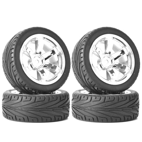 4 Stück 1:10 RC Autoreifen 65mm Gummireifen und Kunststofffelgen für 1/10 On-Road Racing Touring Drift Auto Ersatzteile für HSP Tamiya HPI Kyosho (Silber) von DINOWIN