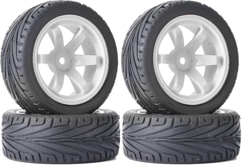 4 Stück 1:10 RC Autoreifen 65mm Gummireifen und Kunststofffelgen für 1/10 On-Road Racing Touring Drift Auto Ersatzteile für HSP Tamiya HPI Kyosho (Weiß) von DINOWIN