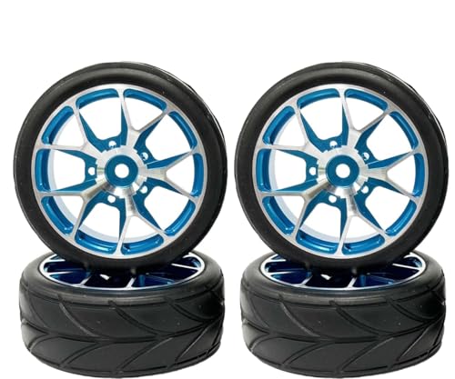 4 Stück 64 mm Gummireifen und 7Y Form Aluminiumlegierung Metallfelgen Felgen 12 mm Sechskant-Fernbedienung Autoreifen für 1/10 RC Straßenautozubehör (5Y-Form Blau) von DINOWIN