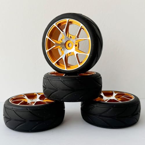 4 Stück 64 mm Gummireifen und 7Y Form Aluminiumlegierung Metallfelgen Felgen 12 mm Sechskant-Fernbedienung Autoreifen für 1/10 RC Straßenautozubehör (5Y-Form Gold) von DINOWIN