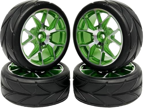 4 Stück 64 mm Gummireifen und 7Y Form Aluminiumlegierung Metallfelgen Felgen 12 mm Sechskant-Fernbedienung Autoreifen für 1/10 RC Straßenautozubehör (5Y-Form Grün) von DINOWIN