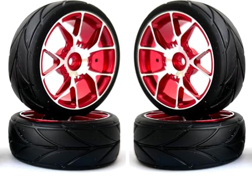 4 Stück 64 mm Gummireifen und 7Y Form Aluminiumlegierung Metallfelgen Felgen 12 mm Sechskant-Fernbedienung Autoreifen für 1/10 RC Straßenautozubehör (5Y-Form Rot) von DINOWIN