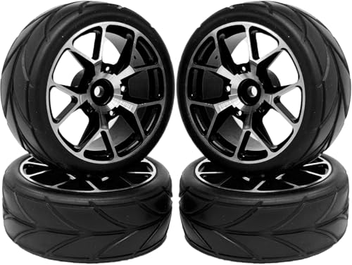4 Stück 64 mm Gummireifen und 7Y Form Aluminiumlegierung Metallfelgen Felgen 12 mm Sechskant-Fernbedienung Autoreifen für 1/10 RC Straßenautozubehör (5Y-Form Schwarz) von DINOWIN