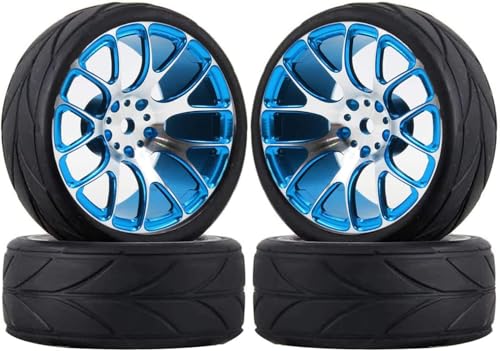 4 Stück 64 mm Gummireifen und 7Y Form Aluminiumlegierung Metallfelgen Felgen 12 mm Sechskant-Fernbedienung Autoreifen für 1/10 RC Straßenautozubehör (Blau) von DINOWIN
