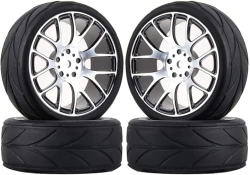 4 Stück 64 mm Gummireifen und 7Y Form Aluminiumlegierung Metallfelgen Felgen 12 mm Sechskant-Fernbedienung Autoreifen für 1/10 RC Straßenautozubehör (Schwarz) von DINOWIN