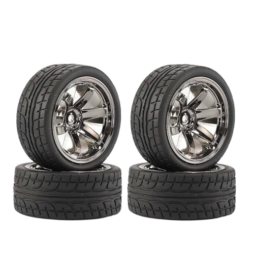 DINOWIN 4-teiliges Set 1: 10 ferngesteuerte Autoreifen, 64mm Gummireifen und Kunststofffelgen, geeignet für 1/10 Straßenrennwagen, Tourenwagen, HSP, Tamiya, HPI, Ersatzteile (Grau) von DINOWIN