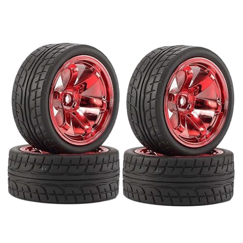 DINOWIN 4-teiliges Set 1: 10 ferngesteuerte Autoreifen, 64mm Gummireifen und Kunststofffelgen, geeignet für 1/10 Straßenrennwagen, Tourenwagen, HSP, Tamiya, HPI, Ersatzteile (Rot) von DINOWIN