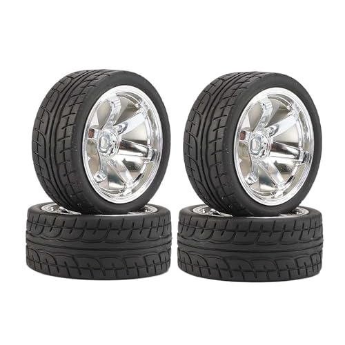 DINOWIN 4-teiliges Set 1: 10 ferngesteuerte Autoreifen, 64mm Gummireifen und Kunststofffelgen, geeignet für 1/10 Straßenrennwagen, Tourenwagen, HSP, Tamiya, HPI, Ersatzteile (Silber) von DINOWIN