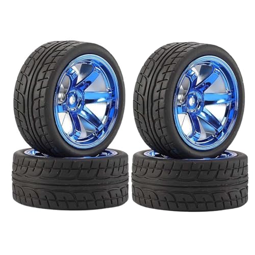DINOWIN 4-teiliges Set 1: 10 ferngesteuerte Autoreifen, 64mm Gummireifen und Kunststofffelgen, geeignet für 1/10 Straßenrennwagen, Tourenwagen, HSP, Tamiya, HPI, Ersatzteile (blau) von DINOWIN