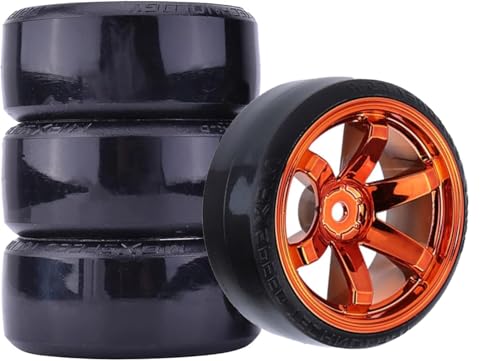 DINOWIN RC Drift Auto Kunststoff Felge und Reifen, 63mm Hartreifen für 1/10 On-Road Racing Driften Auto Ersatzteile für HSP Tamiya HPI Kyosho (Orange) von DINOWIN