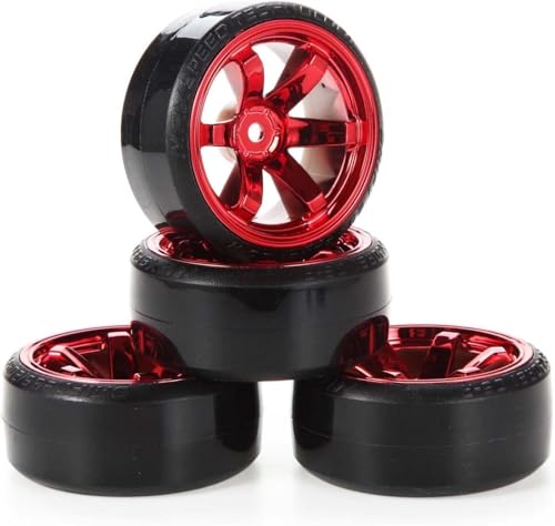 DINOWIN RC Drift Auto Kunststoff Felge und Reifen, 63mm Hartreifen für 1/10 On-Road Racing Driften Auto Ersatzteile für HSP Tamiya HPI Kyosho (Rot) von DINOWIN