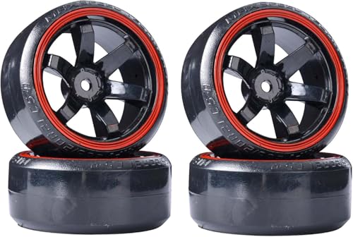 DINOWIN RC Drift Auto Kunststoff Felge und Reifen, 63mm Hartreifen für 1/10 On-Road Racing Driften Auto Ersatzteile für HSP Tamiya HPI Kyosho (Schwarz/Rot) von DINOWIN