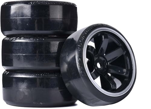 DINOWIN RC Drift Auto Kunststoff Felge und Reifen, 63mm Hartreifen für 1/10 On-Road Racing Driften Auto Ersatzteile für HSP Tamiya HPI Kyosho (Schwarz/Silber) von DINOWIN