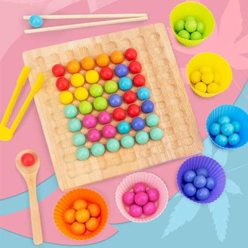 Holz Montessori Spielzeug, Rainbow Bead Game, Sortierspiel ab 3 Jahre, Clip Beads Brettspiel, Clip Perlen Puzzle Brettspiele, Kinder Hände Augen Gehirn Training, Vorschule Geschenk für 3 4 5 6 Jahre von DINSONG