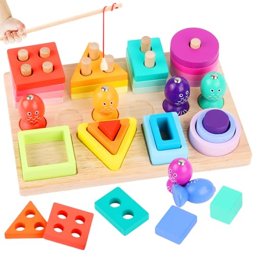 Montessori Spielzeug ab 1 2 3 Jahre, Holz Sortier- & Stapelspielzeug Steckpuzzle, Shape Sorter Puzzles, 3 in 1 Farbe Erkennung Form Sorter Angelspiel Motorikspielzeug für Kleinkind Mädchen Junge von DINSONG