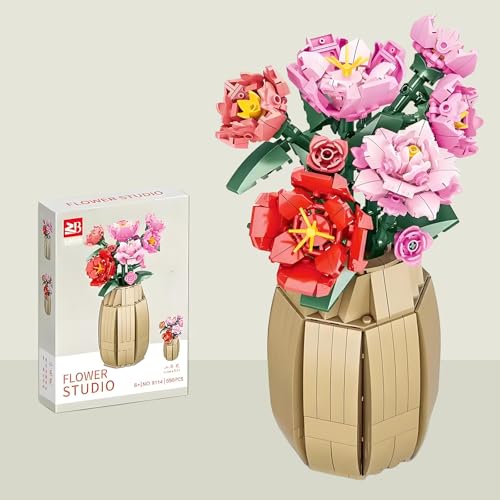 DINYOAN Kamelie Blumenstrauß Bausatz mit Vase, 550 Stück Blumen Baustein DIY Blumenstrauß Set für Geschenke für Valentinstag, Muttertag, Kindertag, Geburtstag, Romantic Gifts von DINYOAN