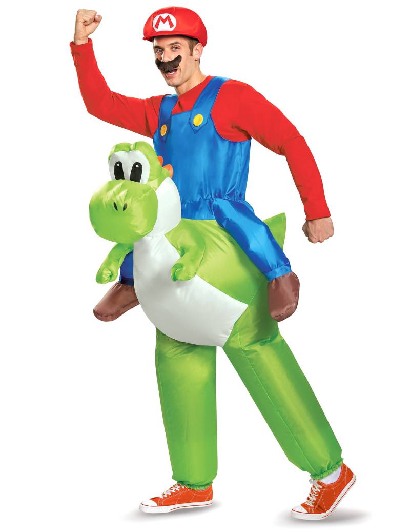Aufblasbares Nintendo Huckepack-Kostüm Mario auf Yoshi Lizenzware grün-blau-rot von KARNEVAL-MEGASTORE