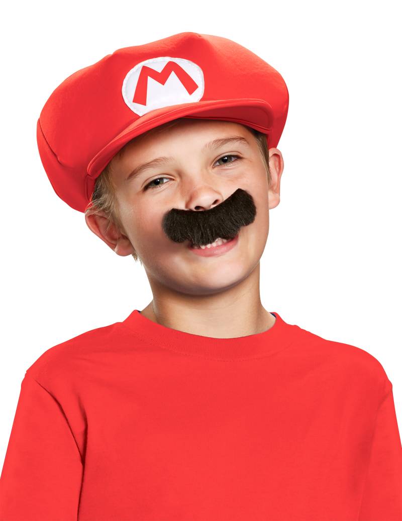 Mario Kinder-Set Mütze und Bart Super Mario Videospiel weiss-rot-schwarz von KARNEVAL-MEGASTORE