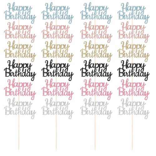 24 Stück Happy Birthday Cupcake Toppers 6 Farben Tortendeko Geburtstag Glitzernde Kuchen Deko Happy Birthday Tortendeko Muffin Deko für Party Mädchen Kinder Mutte von DIVINA VITAE