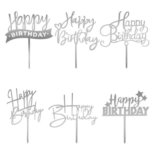 6 Stück Happy Birthday Tortendeko Silberne Cake Topper Geburtstag Acryl Party Dekoration Herz Cupcake Topper Dekoration für Frauen und Männer Geburtstag Jahrestag Andenken Valentinstag von DIVINA VITAE