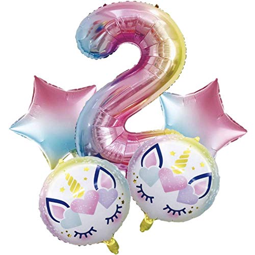 DIWULI, Ballon-Set, XL Zahlen-Ballon Zahl 2 + 2 Einhorn-Luftballons + 2 Stern Folien-Ballons für 2. Geburtstag, Kindergeburtstag Mädchen, Motto-Party, Dekoration, Folien-Luftballons, Zahlenluftballon von DIWULI