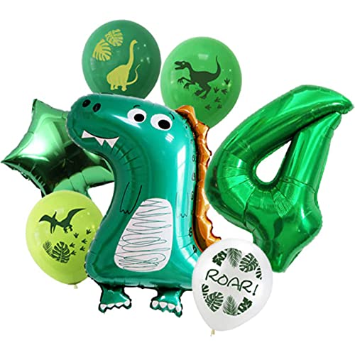 DIWULI, Dinosaurier Luftballon Set, Dino-Ballon, XL Zahl 4 Zahlen-Ballon grün, Folien-Ballon 4. Kinder-Geburtstag Junge, Motto-Party, Dekoration Tyrannosaurus Rex, T-Rex Folien-Luftballon Latex-Ballon von DIWULI