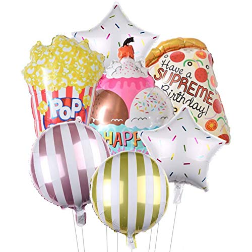 DIWULI, Geburtstag Luftballon-Set, Eis-Becher Pizza Popcorn Folien-Luftballon, Happy Birthday Ballon-Set bunt, Stern-Ballon Folien-Ballon für Kinder-Geburtstag Junge Mädchen, Dekoration, Geschenk-Deko von DIWULI