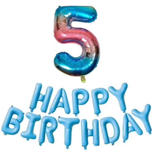 DIWULI, XL Zahlen-Ballon blau bunt Zahl 5 + Happy Birthday Buchstaben-Ballons, Geburtstagsballons Folien-Luftballons Nummer Nr Jahre, Folien-Ballons 5. Geburtstag, Party, Dekoration, Geschenk-Deko von DIWULI