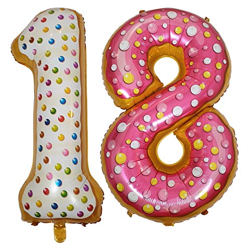 DIWULI Luftballon 18 Geburtstag XL Sweet Donut - Folienballon 18, Zahl 18 Ballon 18 Jahre, Geburtstagsdeko 18. Geburtstag Party-Deko Junge Mädchen, Zahlen-Ballon Dekoration, Zahlen-Luftballon Groß von DIWULI