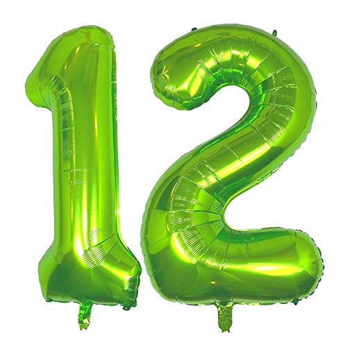 DIWULI Luftballon 12 Geburtstag XXL Grün - Folienballon 12, Zahl 12 Ballon 12 Jahre, Geburtstagsdeko 12. Geburtstag Helium Party-Deko Junge Mädchen, Zahlen-Ballon Dekoration, Zahlen-Luftballon Groß von DIWULI