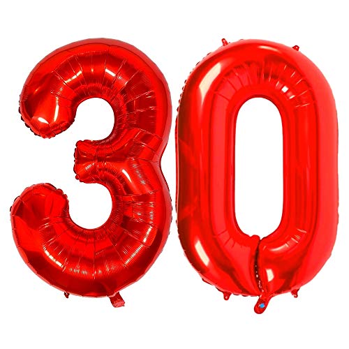 DIWULI Luftballon 30 Geburtstag XXL Rot - Folienballon 30, Zahl 30 Ballon 30 Jahre, Geburtstagsdeko 30. Geburtstag Helium Party-Deko Junge Mädchen, Zahlen-Ballon Dekoration, Zahlen-Luftballon Groß von DIWULI