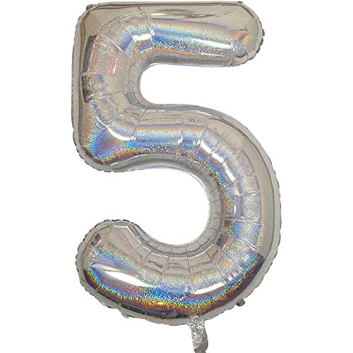 DIWULI Luftballon 5 Geburtstag XXL Silber Glitzer - Folienballon 5, Zahl 5 Ballon 5 Jahre, Geburtstagsdeko 5. Geburtstag Party-Deko Junge Mädchen, Zahlen-Ballon Dekoration, Zahlen-Luftballon von DIWULI