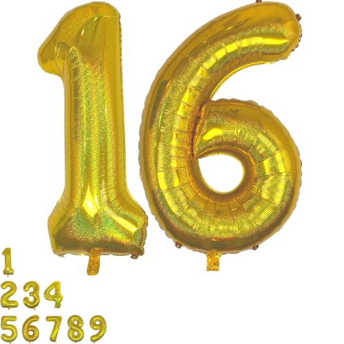 DIWULI gigantische Glitzer XXL Zahlen-Ballons, Zahl 16, Sparkling Gold Luftballons, Zahlenluftballons, Folien-Luftballons Nummer Nr Jahre, Folien-Ballons 16. Geburtstag, Party-Deko, Dekoration von DIWULI