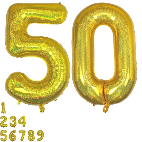 DIWULI Luftballon 50 Geburtstag XXL Gold Glitzer - Folienballon 50, Zahl 50 Ballon 50 Jahre, Geburtstagsdeko 50. Geburtstag Helium Party-Deko Junge Mädchen, Zahlen-Ballon Dekoration, Zahlen-Luftballon von DIWULI