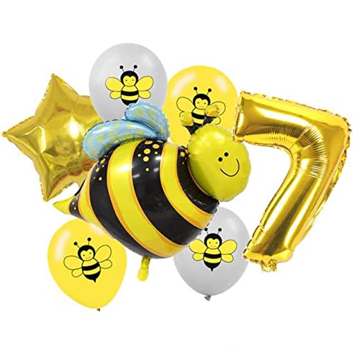 DIWULI großes Bienen Luftballon Set, XL Zahl 7 Zahlen-ballon Gold, XL Biene-Ballon süß, Folien-Ballon Latex-Ballon 7. Kinder-Geburtstag Junge Mädchen, Motto-Party Dekoration, Bienen-Deko Tier-Party von DIWULI