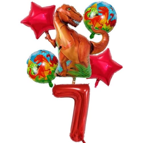 DIWULI großes Dinosaurier Luftballon Set, XXL Dino-Ballon Tyrannosaurus Rex, XL Zahl 7 Zahlen-Ballon Rot, Stern-Ballon, Folien-Ballons 7. Kinder-Geburtstag Junge, Motto-Party, Dekoration Jahre, T-Rex von DIWULI