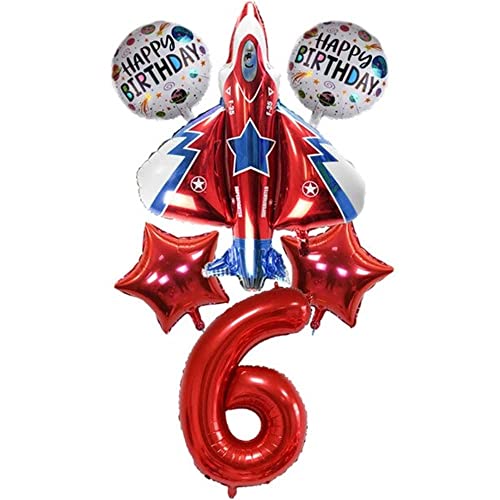 DIWULI, großes Flugzeug Luftballon Set, XXL Düsen-Jet Flugzeug-Ballon, XXL Zahl 6 Zahlen-Ballon rot, Happy Birthday Stern Folien-Ballons, 6. Kinder-Geburtstag Junge, Motto-Party, Dekoration, Flieger von DIWULI