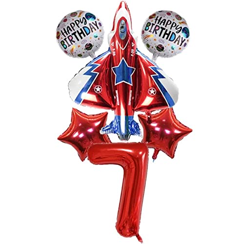 DIWULI Flugzeug Deko Geburtstag 7 Jahre - Jet Flugzeug aufblasbar, Zahlen-Ballon Zahl 7 Luftballon rot, aufblasbares Flugzeug, Deko Flugzeug Luftballon, Flugzeug Geburtstag Deko Junge Happy Birthday von DIWULI