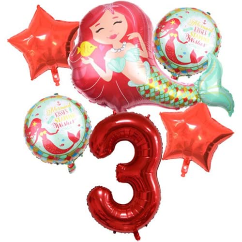 DIWULI, großes Meerjungfrau Luftballon Set, XXL Zahlen-Ballon Zahl 3 rot, Folien-Ballons 3. Kinder-Geburtstag Mädchen, Motto-Party, Dekoration, Ballon-Set Deko süß, Stern, Meer, Fisch, Muschel, Flosse von DIWULI