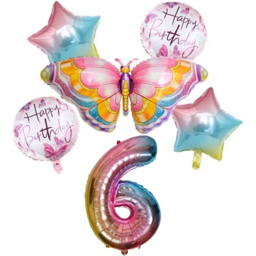 DIWULI, großes Schmetterling Luftballon Set, XL Zahl 6 Zahlen-Ballon rosa, XL Butterfly Folien-Ballon Happy Birthday 6. Kinder-Geburtstag Junge Mädchen, Motto-Party Dekoration Tier-Ballon Wald-Tiere von DIWULI